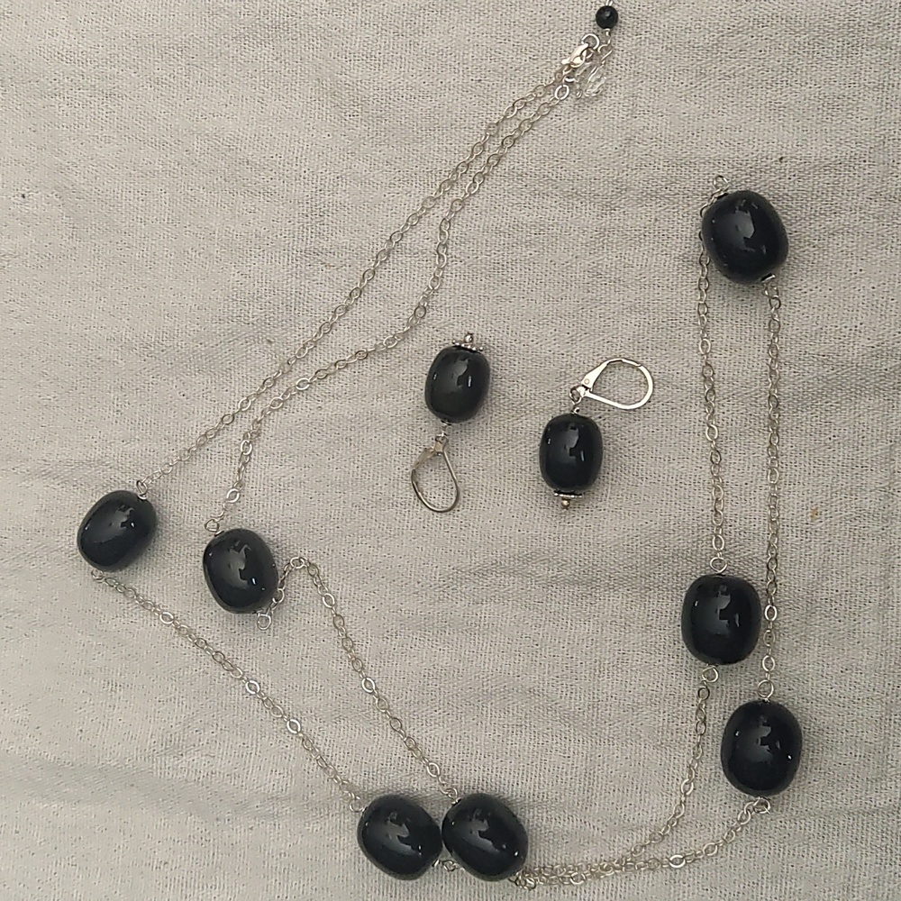 Necklace and earrings set, onyx and 925,17 inches